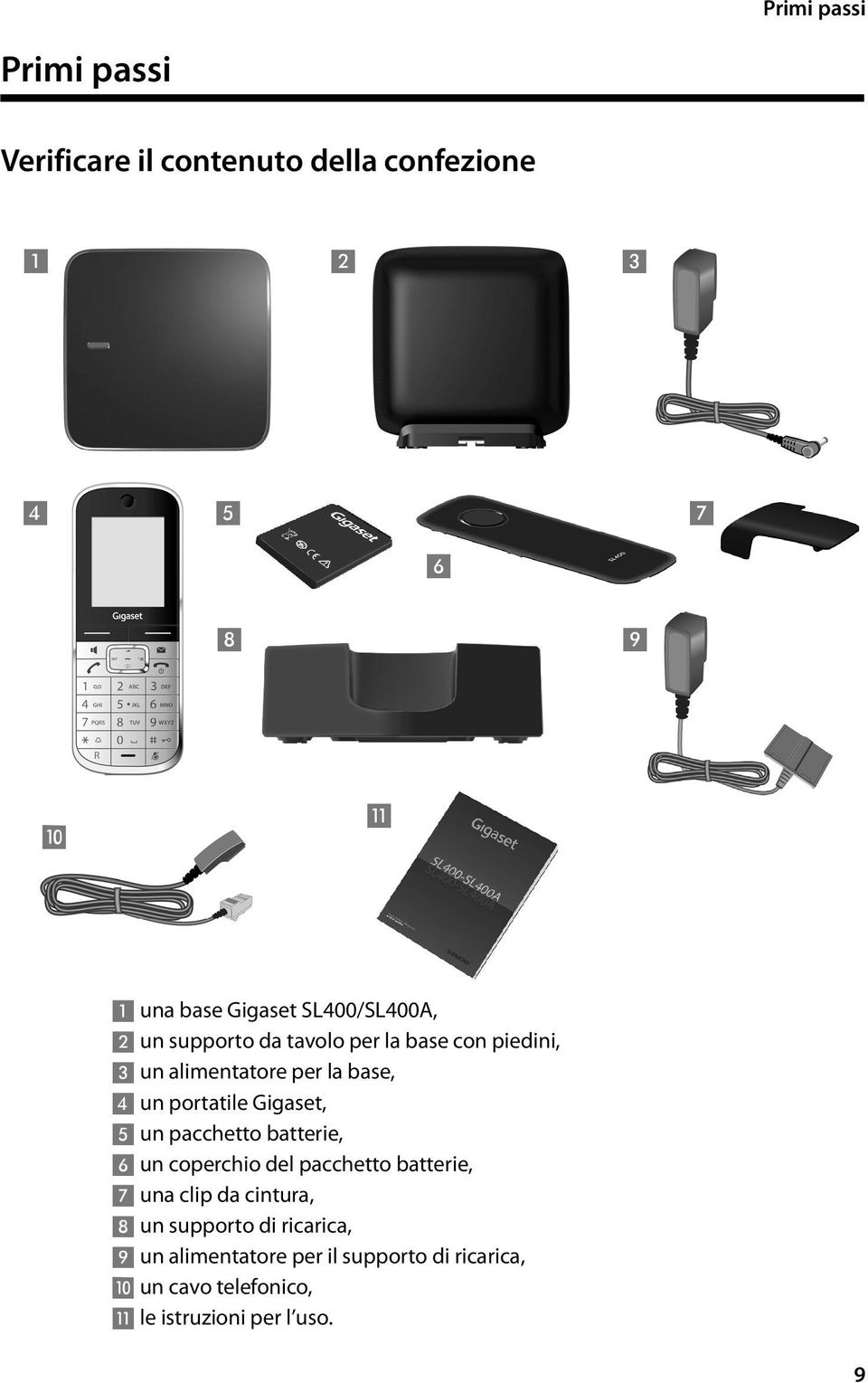 Gigaset, 5 un pacchetto batterie, 6 un coperchio del pacchetto batterie, 7 una clip da cintura, 8 un