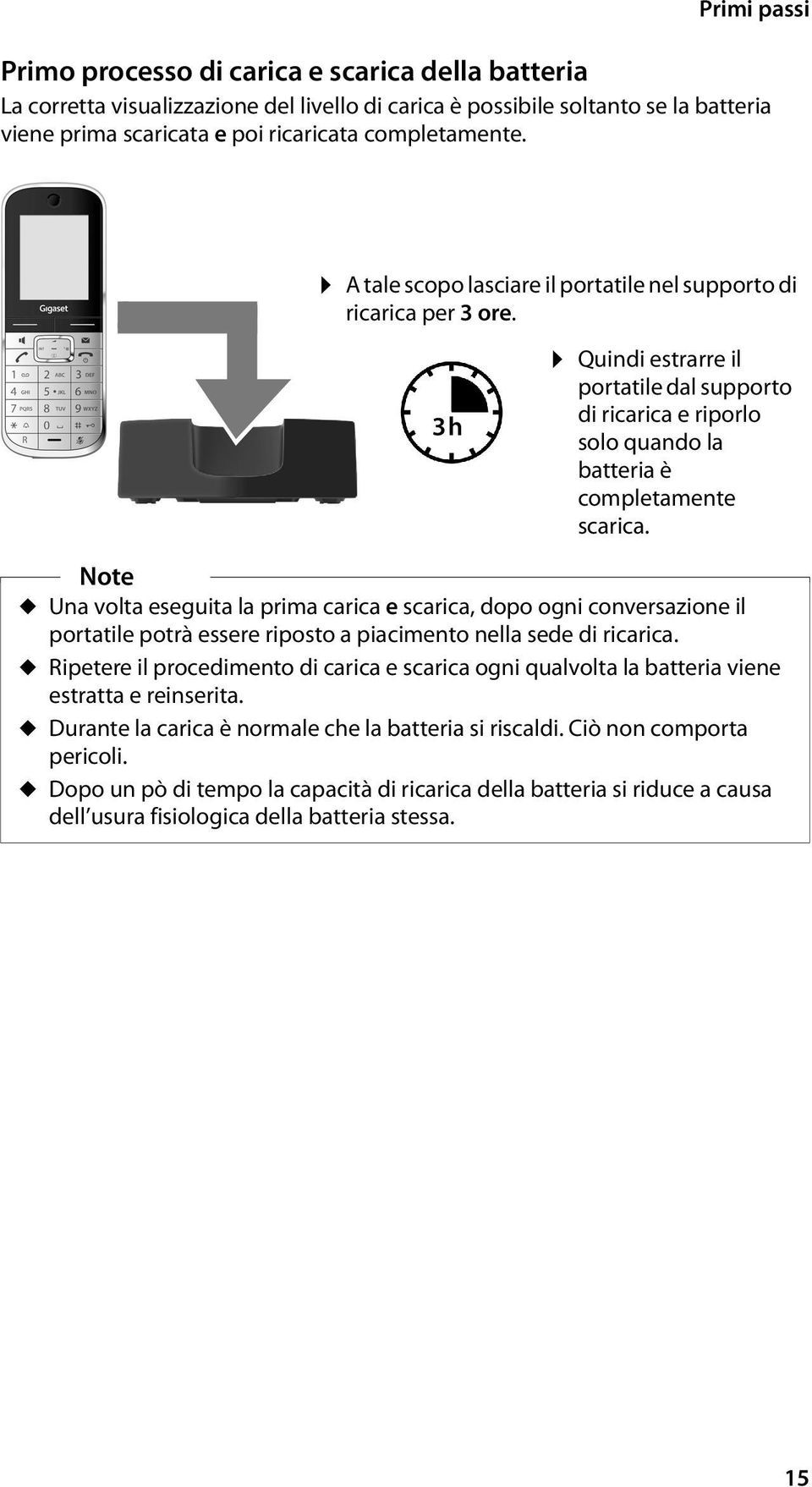 Note u Una volta eseguita la prima carica e scarica, dopo ogni conversazione il portatile potrà essere riposto a piacimento nella sede di ricarica.