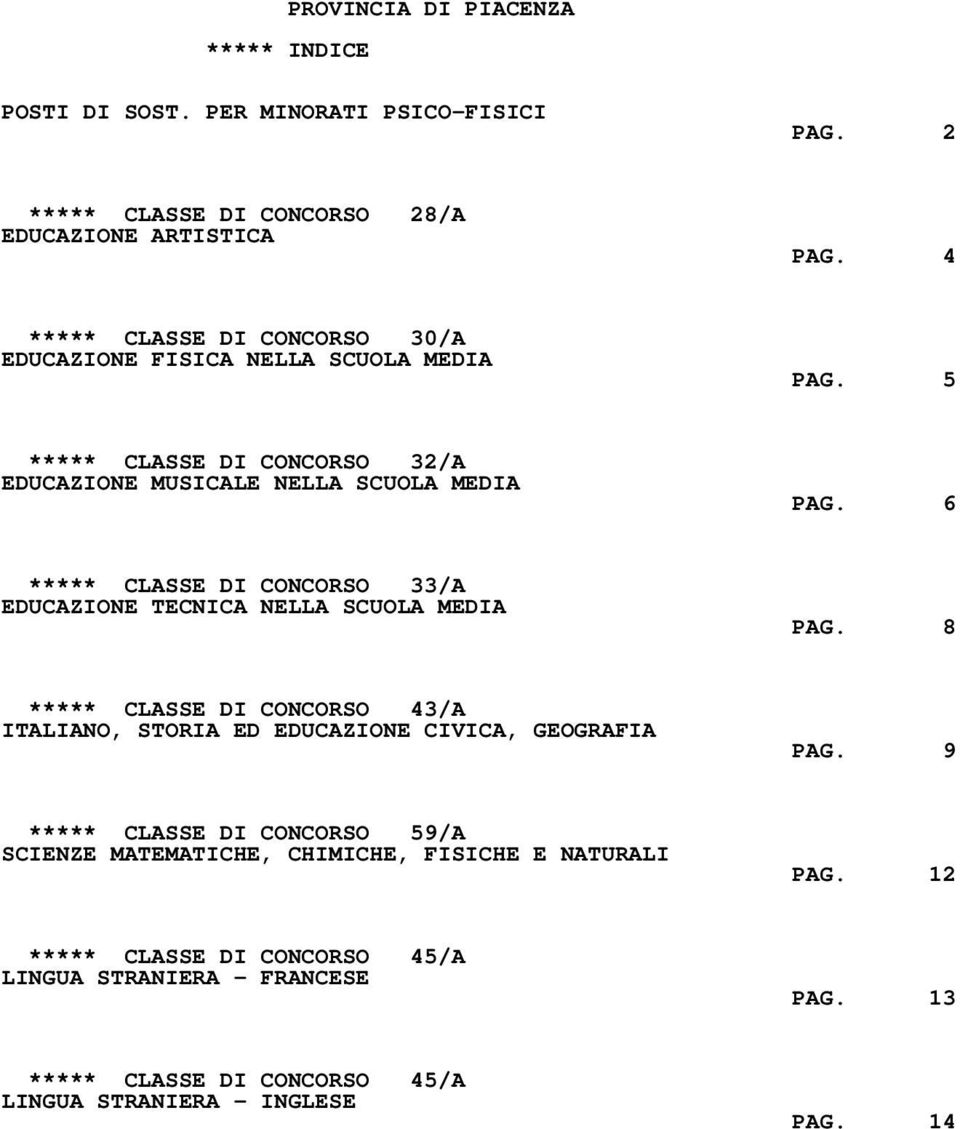 6 ***** CLASSE DI CONCORSO 33/A EDUCAZIONE TECNICA NELLA SCUOLA MEDIA PAG. 8 ***** CLASSE DI CONCORSO 43/A ITALIANO, STORIA ED EDUCAZIONE CIVICA, GEOGRAFIA PAG.