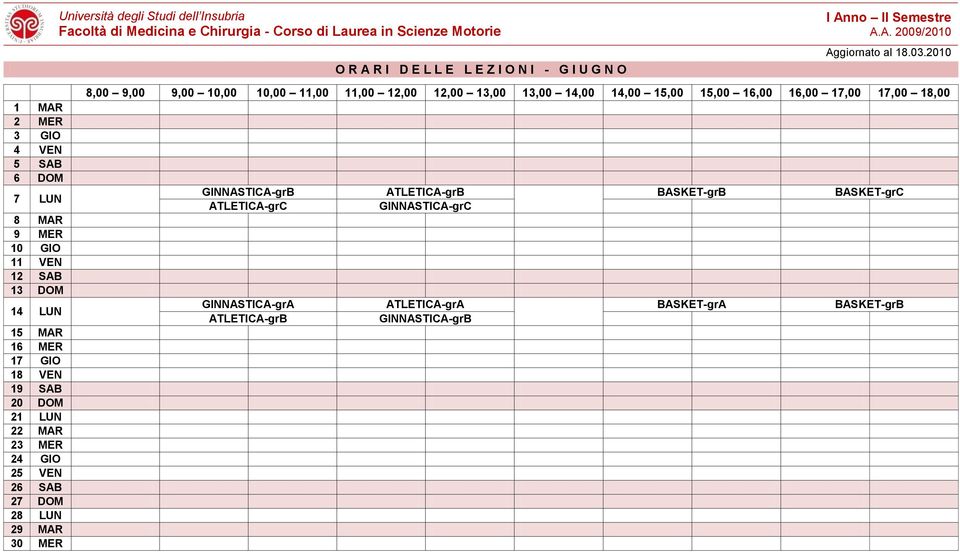 VEN 26 SAB 27 DOM 28 LUN 29 MAR 30 MER Università degli Studi dell Insubria O R A