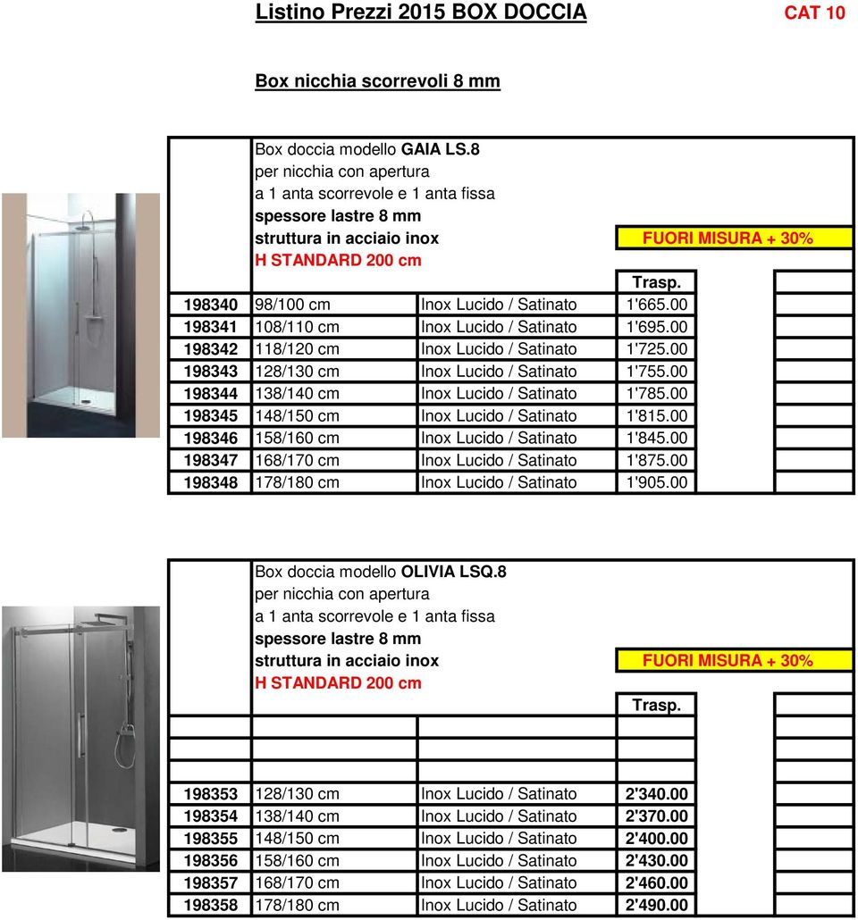 00 198341 108/110 cm Inox Lucido / Satinato 1'695.00 198342 118/120 cm Inox Lucido / Satinato 1'725.00 198343 128/130 cm Inox Lucido / Satinato 1'755.00 198344 138/140 cm Inox Lucido / Satinato 1'785.