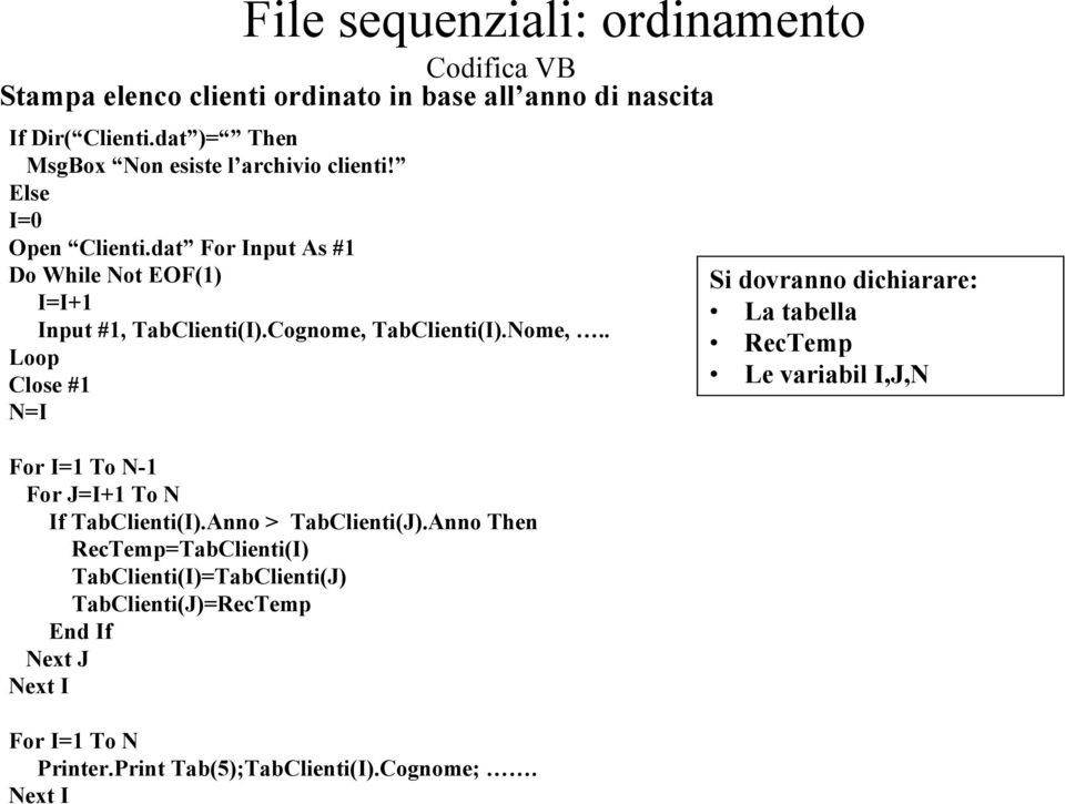 Cognome, TabClienti(I).Nome,.. Loop Close #1 N=I For I=1 To N-1 For J=I+1 To N If TabClienti(I).Anno > TabClienti(J).