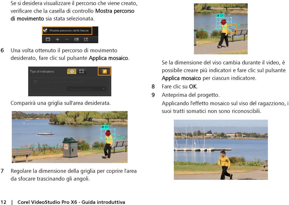 Se la dimensione del viso cambia durante il video, è possibile creare più indicatori e fare clic sul pulsante Applica mosaico per ciascun indicatore. 8 Fare clic su OK.