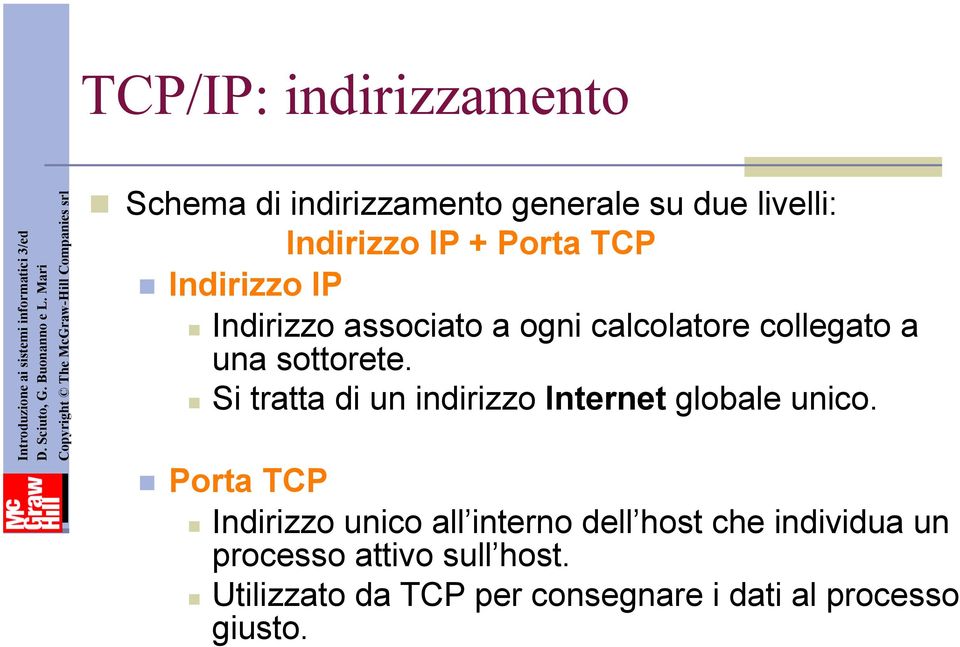 Indirizzo IP Indirizzo associato a ogni calcolatore collegato a una sottorete.