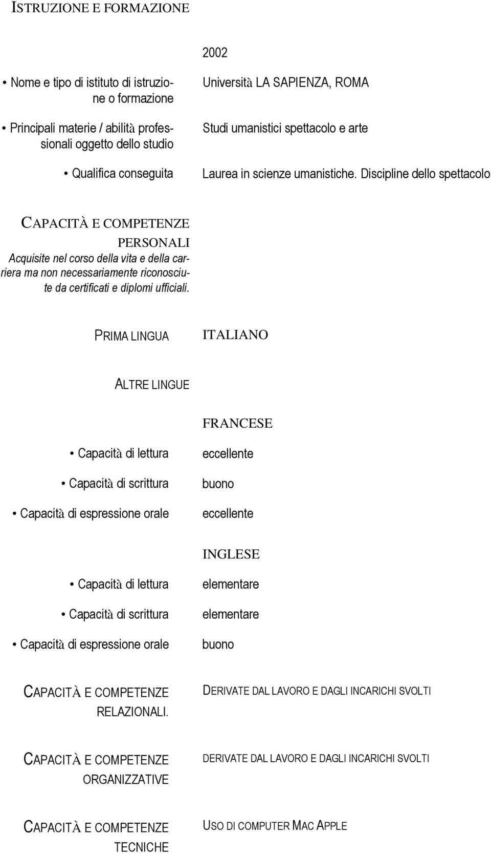 Discipline dello spettacolo PERSONALI Acquisite nel corso della vita e della carriera ma non necessariamente riconosciute da certificati e diplomi ufficiali.