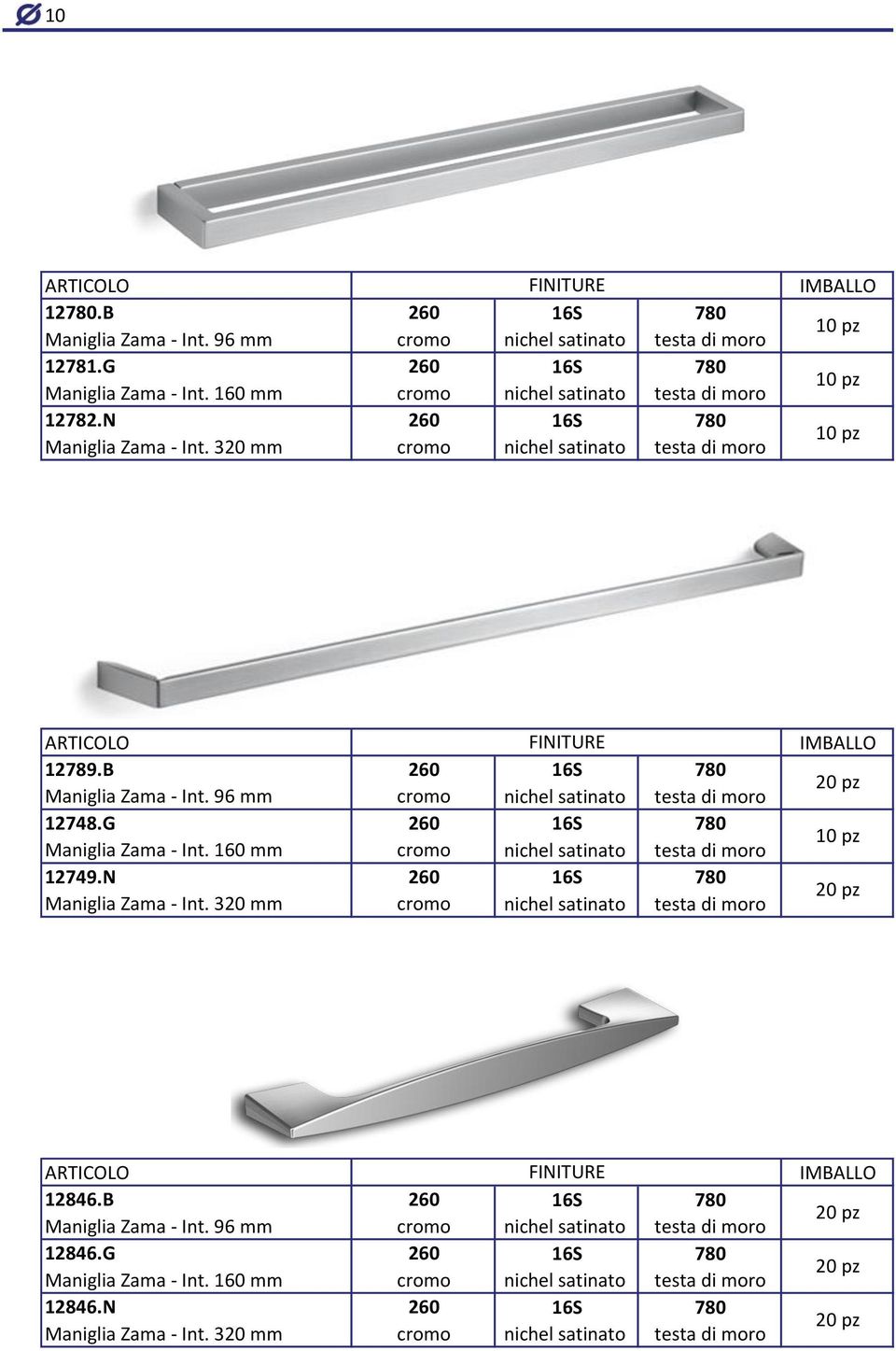 G 260 16S 780 Maniglia Zama - Int. 160 mm cromo nichel satinato testa di moro 12749.N 260 16S 780 Maniglia Zama - Int. 320 mm cromo nichel satinato testa di moro 12846.