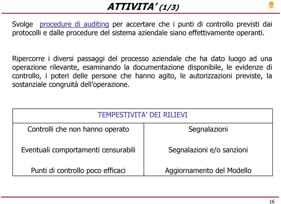 Ripercorre i diversi passaggi del processo aziendale che ha dato luogo ad una operazione rilevante, esaminando la documentazione disponibile, le evidenze di