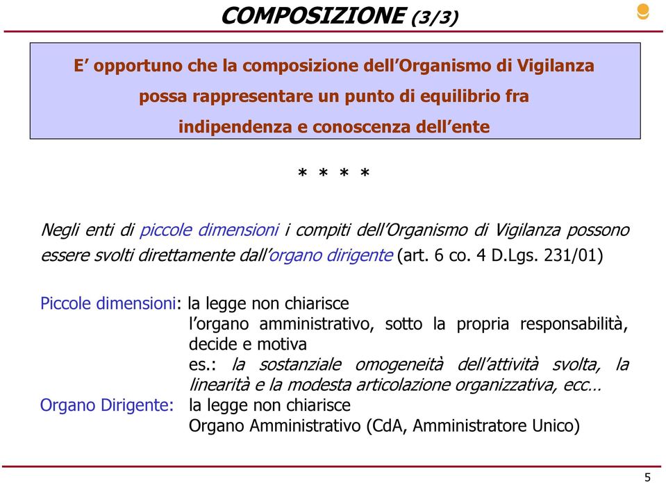 231/01) Piccole dimensioni: la legge non chiarisce l organo amministrativo, sotto la propria responsabilità, decide e motiva es.