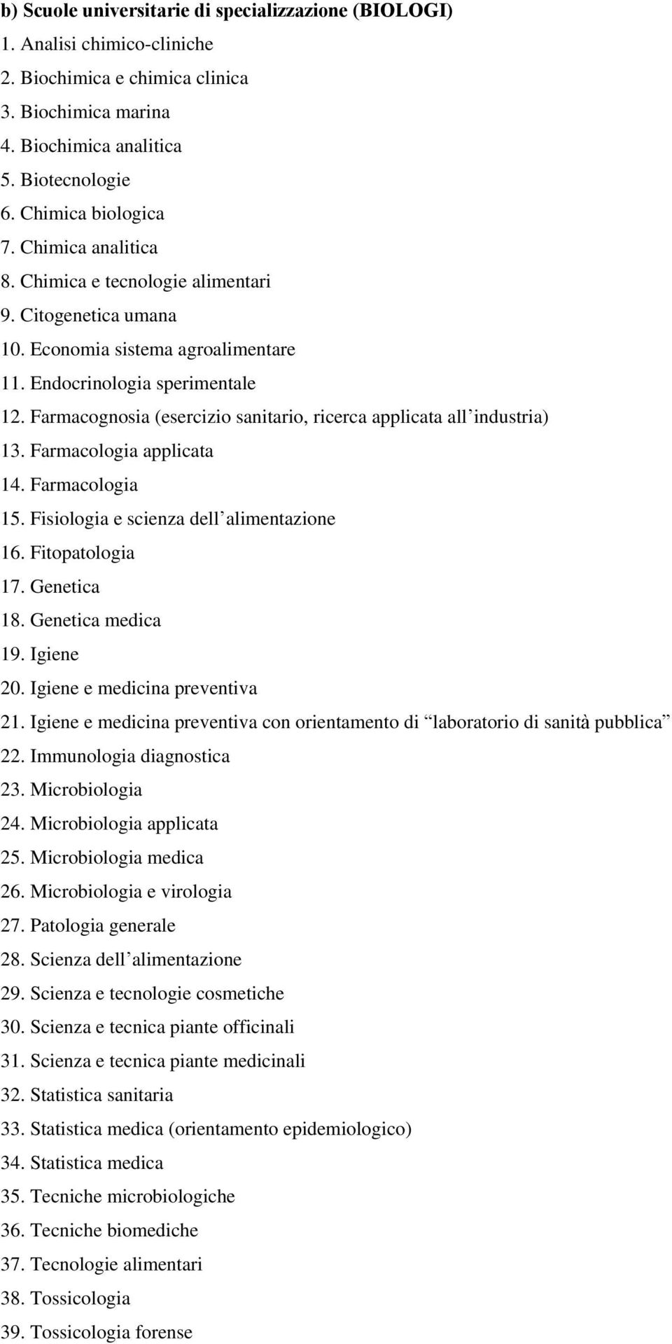 Farmacognosia (esercizio sanitario, ricerca applicata all industria) 13. Farmacologia applicata 14. Farmacologia 15. Fisiologia e scienza dell alimentazione 16. Fitopatologia 17. Genetica 18.