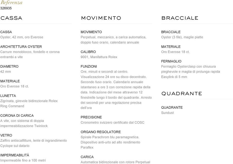 sul datario IMPERMEABILITÀ Impermeabile fino a 100 metri MOVIMENTO Perpetual, meccanico, a carica automatica, doppio fuso orario, calendario annuale CALIBRO 9001, Manifattura Rolex FUNZIONI Ore,