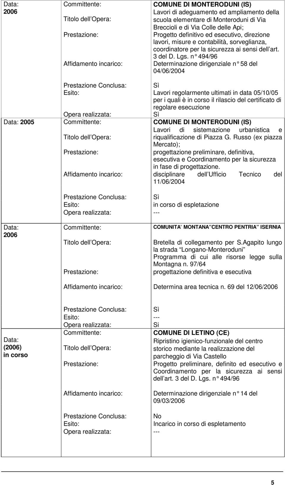 n 494/96 Determinazione dirigenziale n 58 del 04/06/2004 Lavori regolarmente ultimati in data 05/10/05 per i quali è in corso il rilascio del certificato di regolare esecuzione 2005 Lavori di