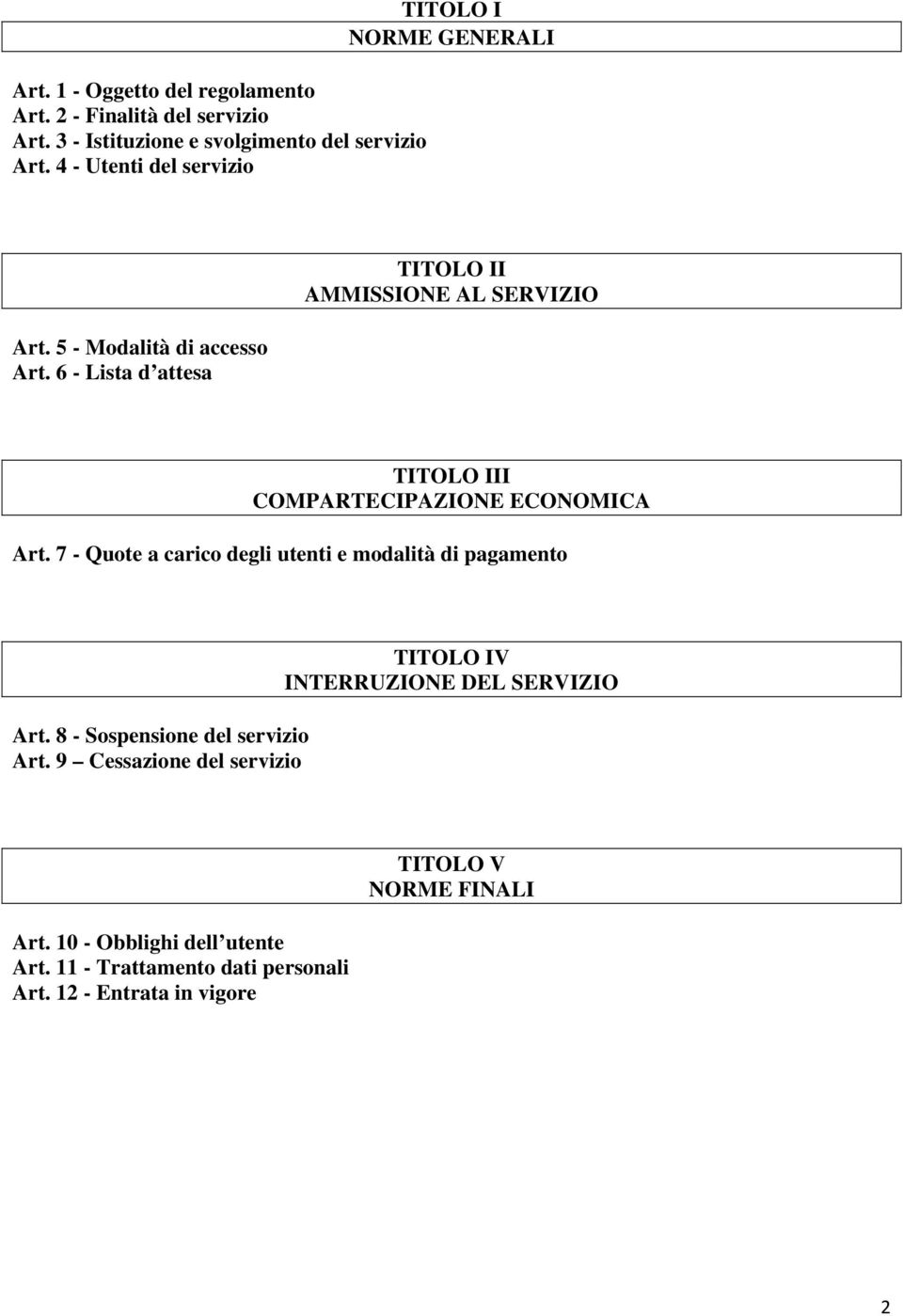 6 - Lista d attesa TITOLO II AMMISSIONE AL SERVIZIO TITOLO III COMPARTECIPAZIONE ECONOMICA Art.