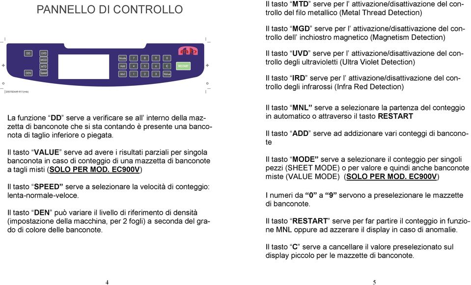 attivazione/disattivazione del controllo degli infrarossi (Infra Red Detection) La funzione DD serve a verificare se all interno della mazzetta di banconote che si sta contando è presente una