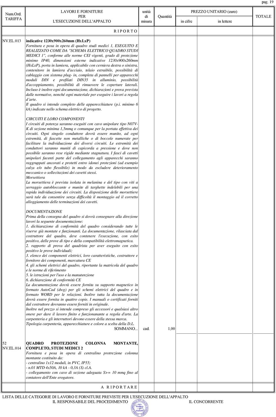 grado di protezione minimo IP40, dimensioni esterne indicative 1230x900x260mm (HxLxP), porta in lamiera, applicabile con cerniera destra o sinistra, contenitore in lamiera d'acciaio, telaio