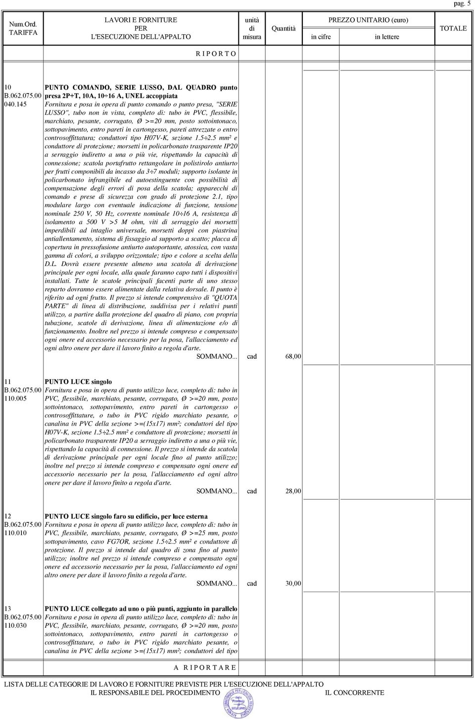 sottopavimento, entro pareti in cartongesso, pareti attrezzate o entro controsoffittatura; conduttori tipo H07V-K, sezione 1.5 2.