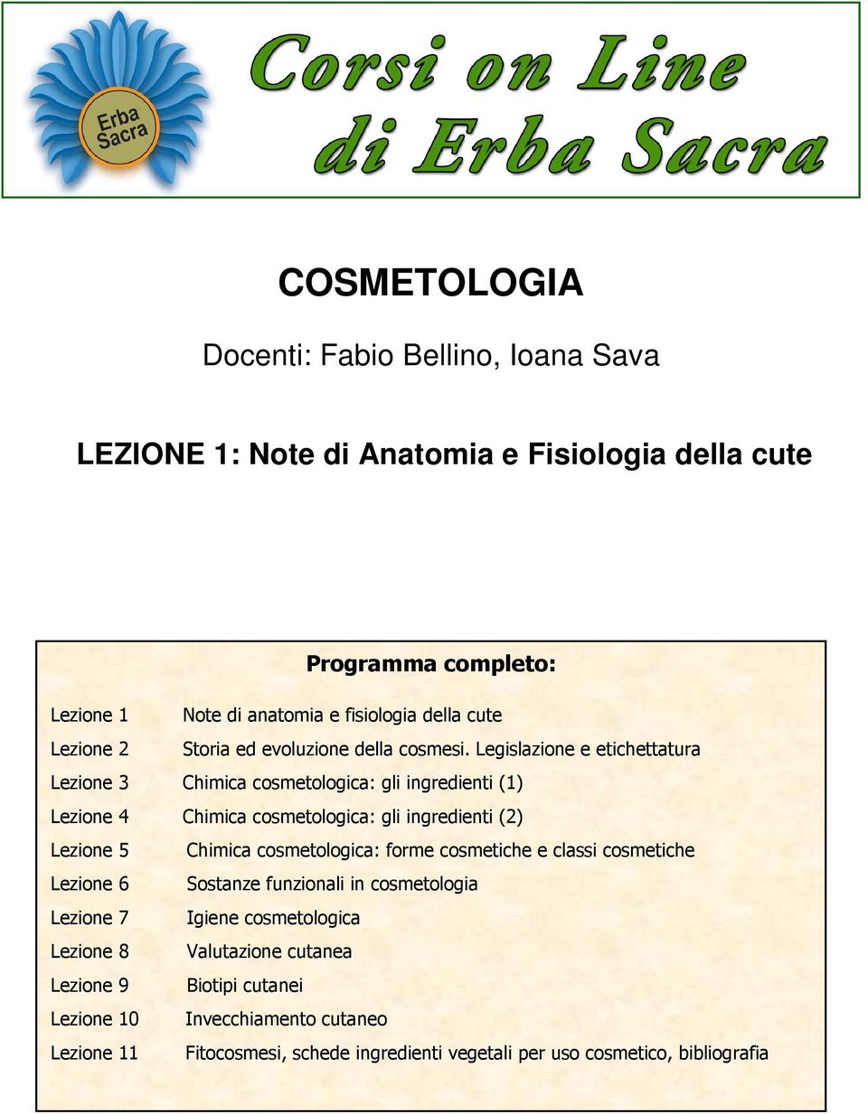 Legislazione e etichettatura Lezione 3 Chimica cosmetologica: gli ingredienti (1) Lezione 4 Chimica cosmetologica: gli ingredienti (2) Lezione 5 Chimica cosmetologica: