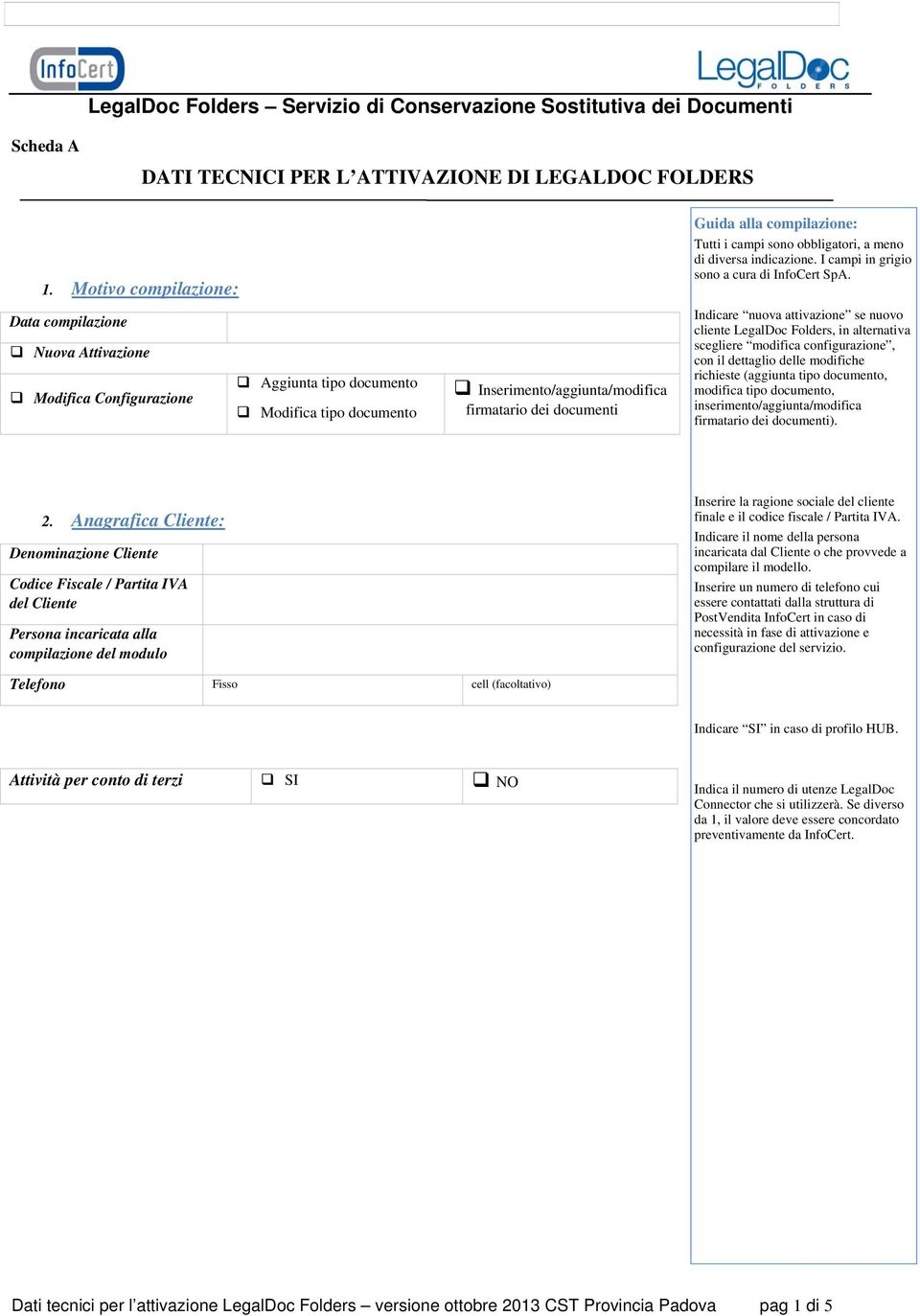 compilazione Nuova Attivazione Modifica Configurazione Aggiunta tipo documento Modifica tipo documento Inserimento/aggiunta/modifica firmatario dei documenti Indicare nuova attivazione se nuovo