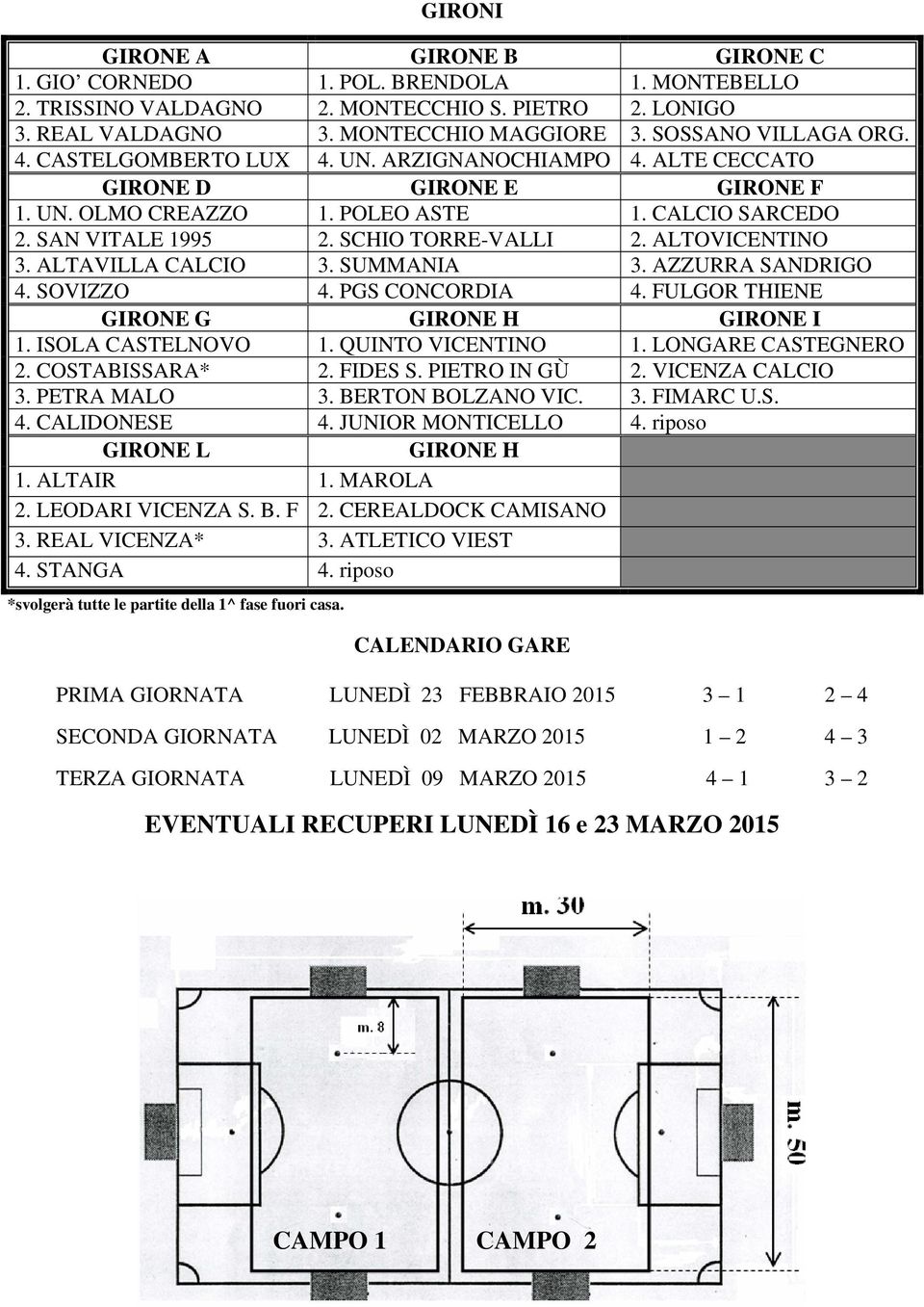 ALTAVILLA CALCIO 3. SUMMANIA 3. AZZURRA SANDRIGO 4. SOVIZZO 4. PGS CONCORDIA 4. FULGOR THIENE GIRONE G GIRONE H GIRONE I 1. ISOLA CASTELNOVO 1. QUINTO VICENTINO 1. LONGARE CASTEGNERO 2.