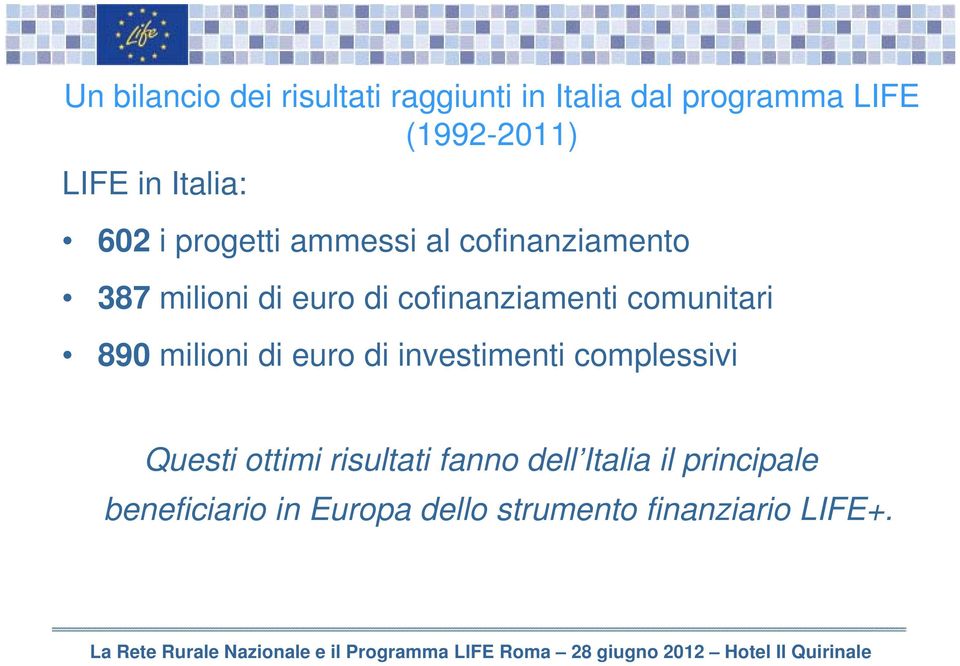 cofinanziamenti comunitari 890 milioni di euro di investimenti complessivi Questi