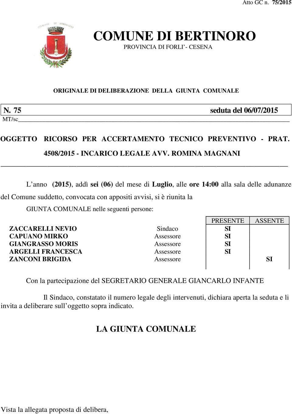 ROMINA MAGNANI L anno (2015), addì sei (06) del mese di Luglio, alle ore 14:00 alla sala delle adunanze del Comune suddetto, convocata con appositi avvisi, si è riunita la GIUNTA COMUNALE nelle