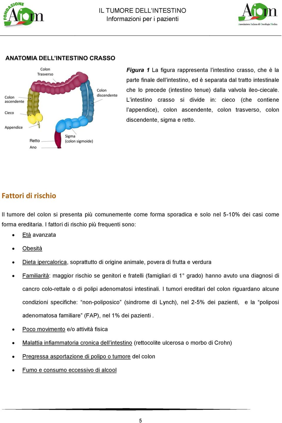 Fattori di rischio Il tumore del colon si presenta più comunemente come forma sporadica e solo nel 5-10% dei casi come forma ereditaria.