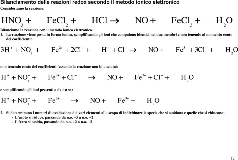 tenendo conto dei coefficienti (essendo la reazione non bilanciata): 3 H NO Fe Cl NO Fe Cl H O 3 e semplificando gli ioni presenti a dx e a sx: 3 H NO Fe NO Fe H O 3.