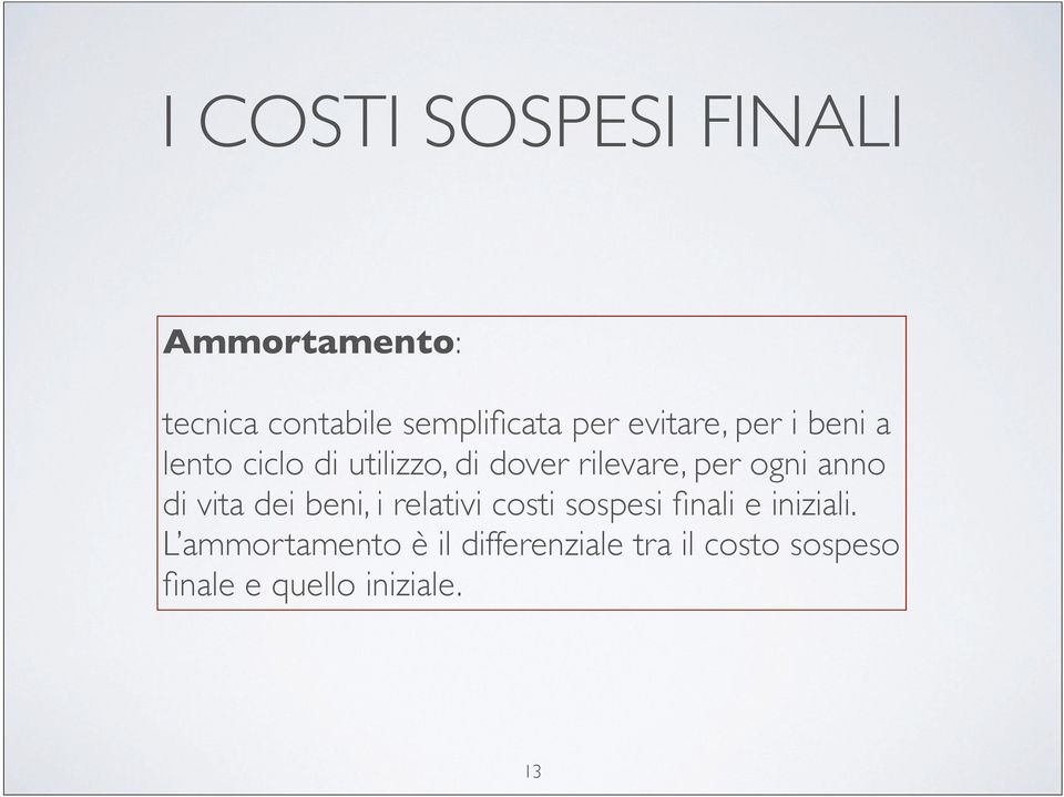 anno di vita dei beni, i relativi costi sospesi finali e iniziali.