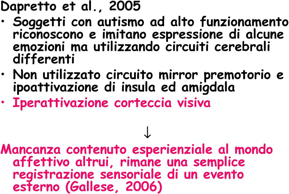 ma utilizzando circuiti cerebrali differenti Non utilizzato circuito mirror premotorio e ipoattivazione