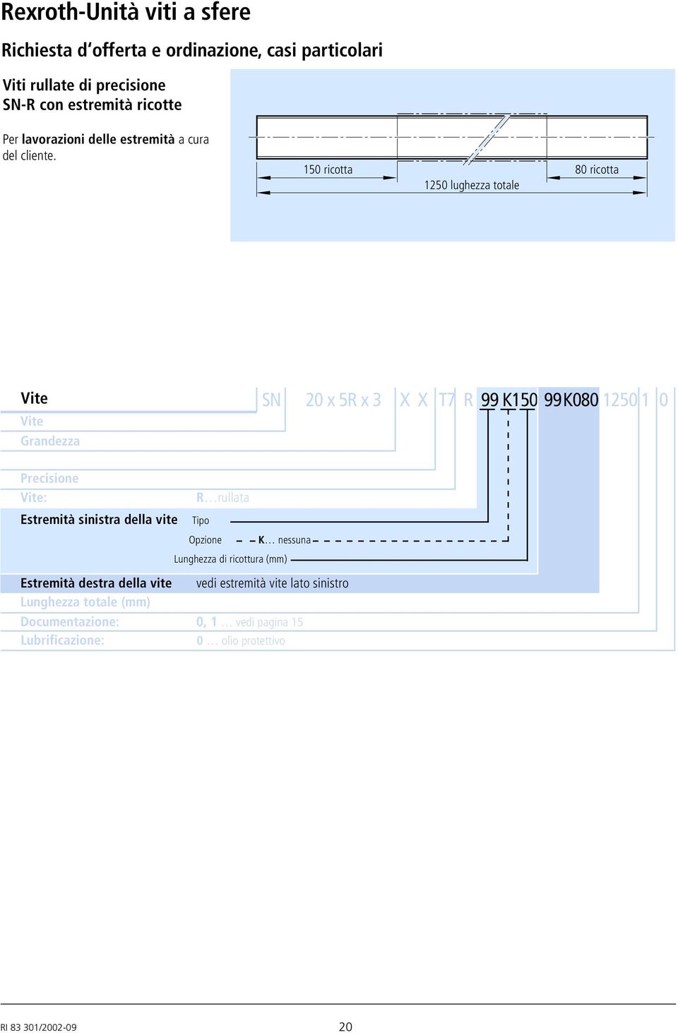 150 ricotta 80 ricotta 1250 lughezza totale Vite Vite Grandezza SN 20 x 5R x 3 X X T7 R 99 K150 99K080 1250 1 0 Precisione Vite: R rullata