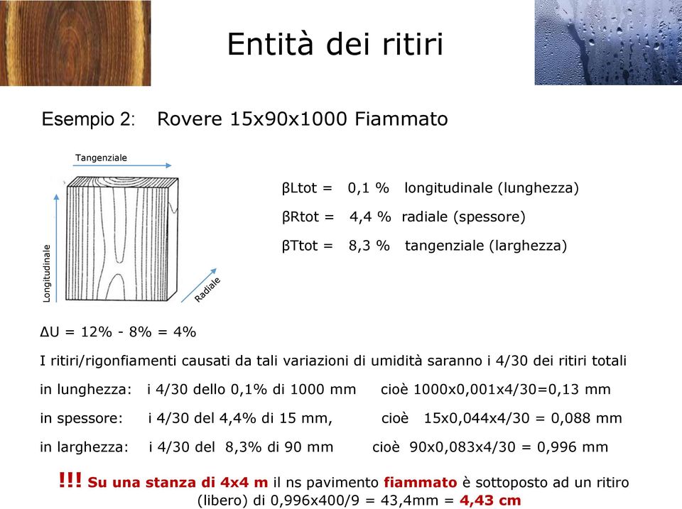 lunghezza: i 4/30 dello 0,1% di 1000 mm cioè 1000x0,001x4/30=0,13 mm in spessore: i 4/30 del 4,4% di 15 mm, cioè 15x0,044x4/30 = 0,088 mm in larghezza: i 4/30