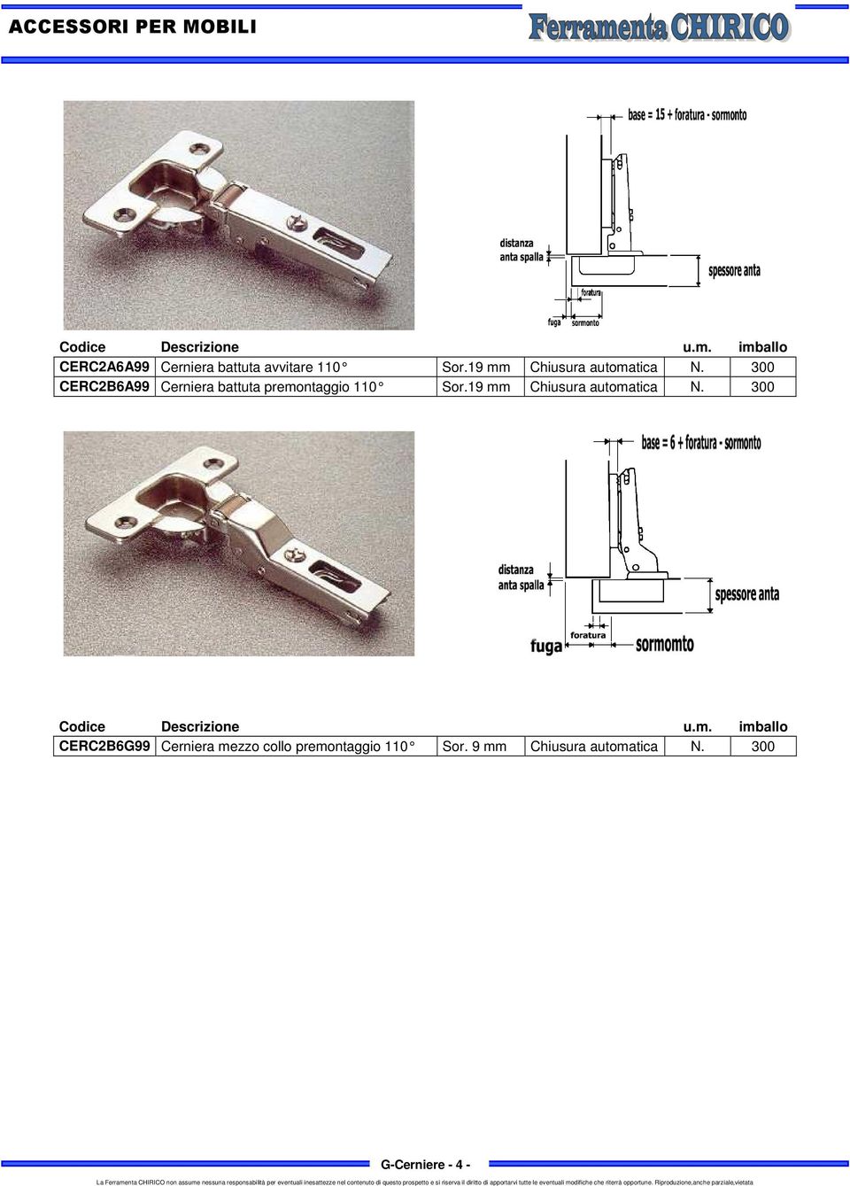 300 CERC2B6A99 Cerniera battuta premontaggio 110 Sor.