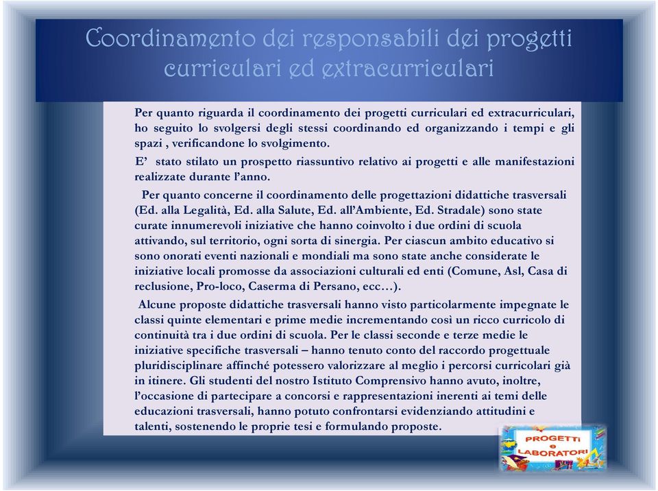 Per quanto concerne il coordinamento delle progettazioni didattiche trasversali (Ed. alla Legalità, Ed. alla Salute, Ed. all Ambiente, Ed.