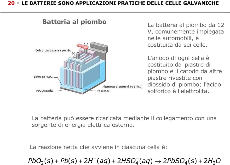 L'anodo di ogni cella è costituito da piastre di piombo e il catodo da altre piastre rivestite con diossido di piombo; l'acido solforico è