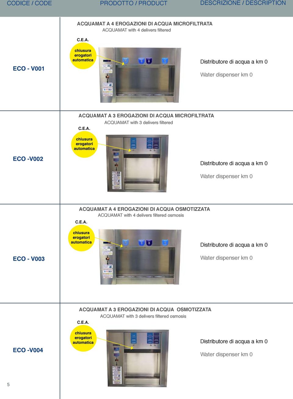 E.A. ACQUAMAT with 3 delivers filtered ECO -V002 Distributore di acqua a km 0 Water dispenser km 0 ACQUAMAT A 4 EROGAZIONI DI ACQUA OSMOTIZZATA ACQUAMAT with 4