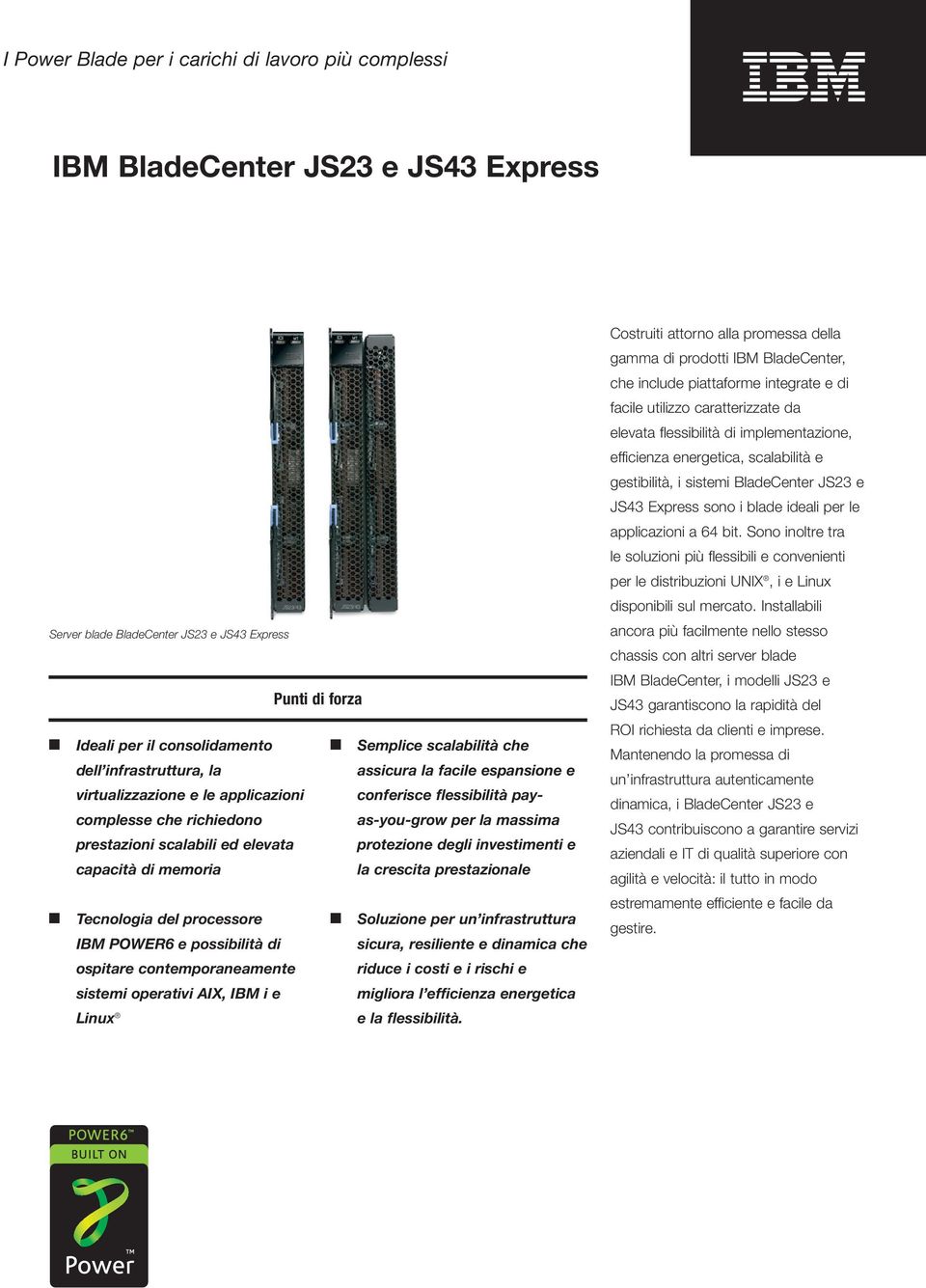 payas-you-grow per la massima protezione degli investimenti e la crescita prestazionale Tecnologia del processore IBM POWER6 e possibilità di ospitare contemporaneamente sistemi operativi AIX, IBM i