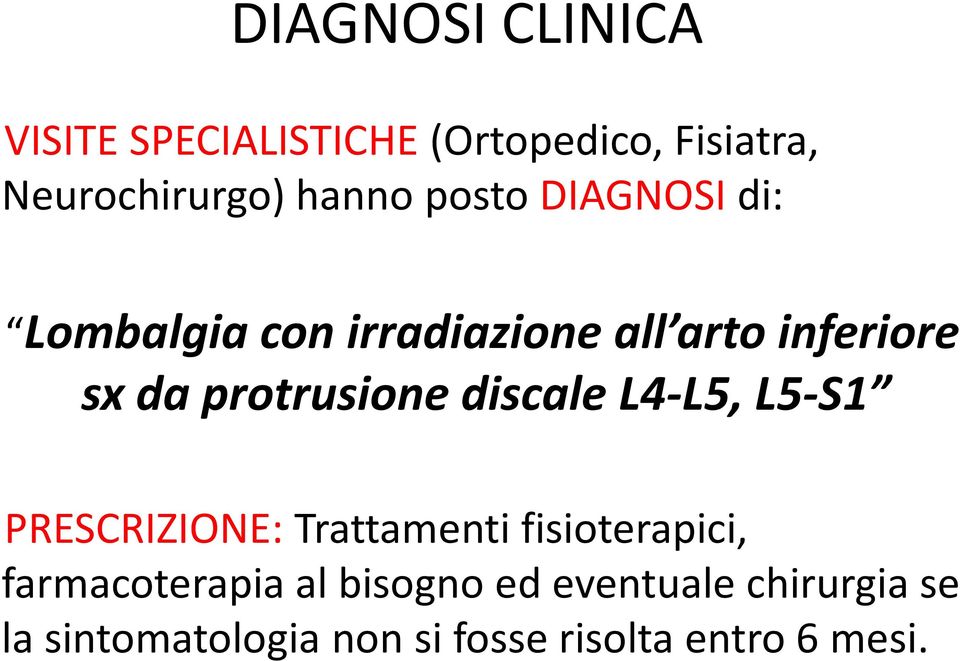 discale L4-L5, L5-S1 PRESCRIZIONE:Trattamenti fisioterapici, farmacoterapia al