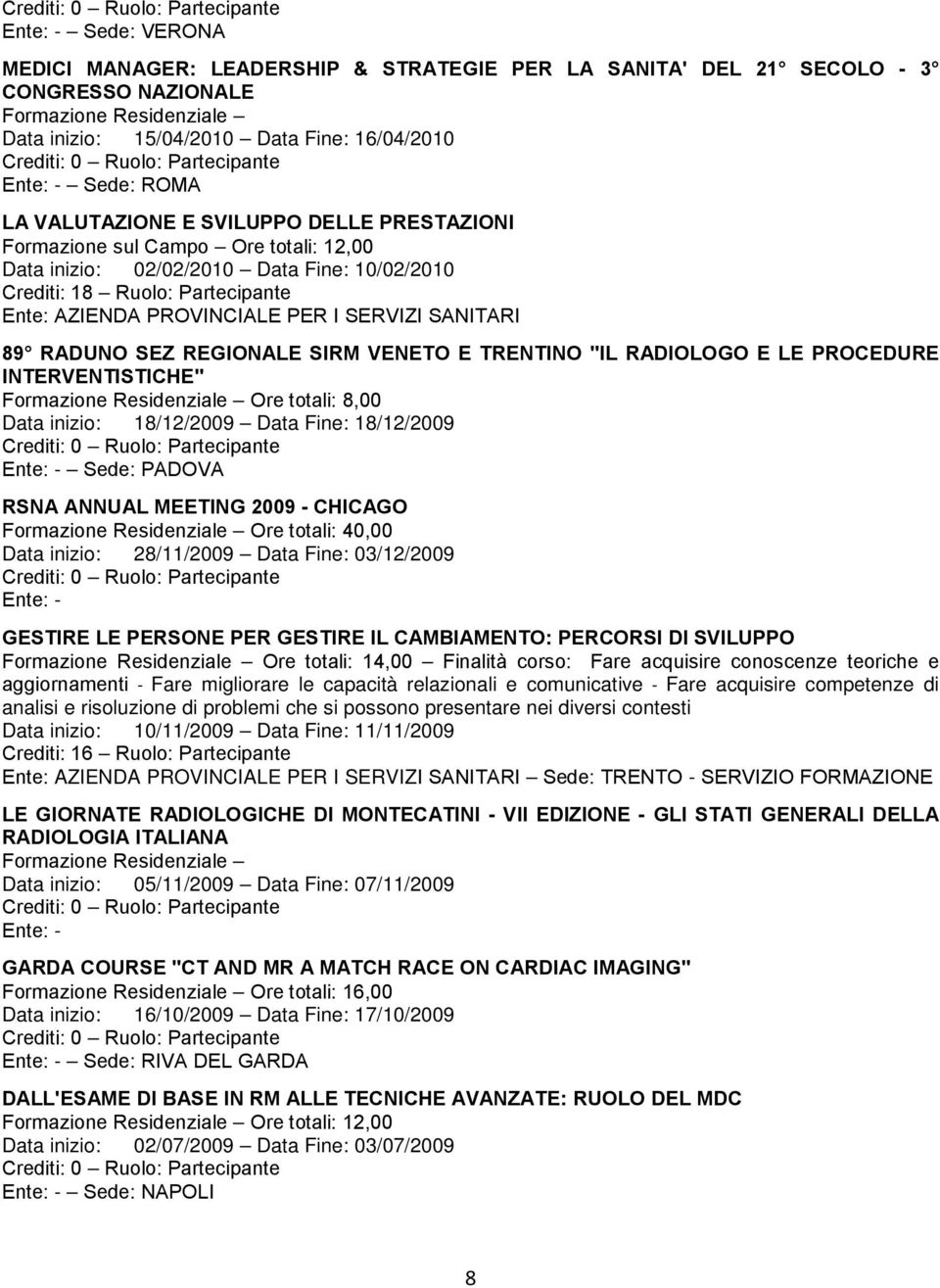 RADIOLOGO E LE PROCEDURE INTERVENTISTICHE" Data inizio: 18/12/2009 Data Fine: 18/12/2009 Ente: - Sede: PADOVA RSNA ANNUAL MEETING 2009 - CHICAGO Ore totali: 40,00 Data inizio: 28/11/2009 Data Fine: