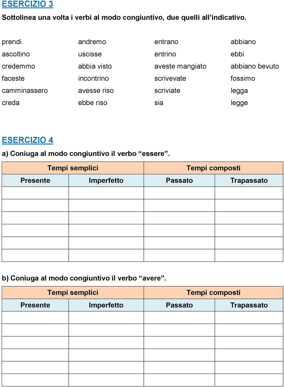 scrivevate fossimo camminassero avesse riso scriviate legga creda ebbe riso sia legge ESERCIZIO 4 a) Coniuga al modo congiuntivo il verbo