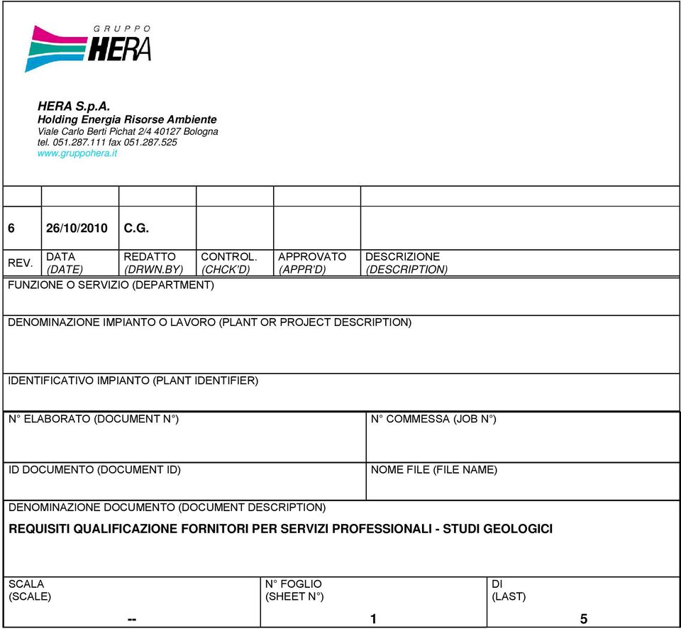 (CHCK D) APPROVATO (APPR D) DESCRIZIONE (DESCRIPTION) DENOMINAZIONE IMPIANTO O LAVORO (PLANT OR PROJECT DESCRIPTION) IDENTIFICATIVO IMPIANTO (PLANT IDENTIFIER) N