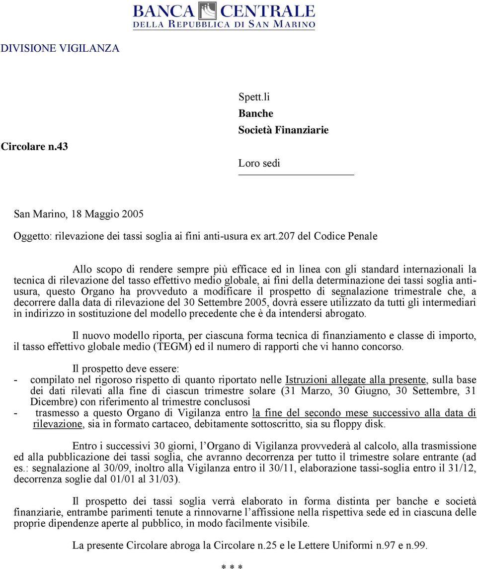 dei tassi soglia antiusura, questo Organo ha provveduto a modificare il prospetto di segnalazione trimestrale che, a decorrere dalla data di rilevazione del 30 Settembre 2005, dovrà essere utilizzato