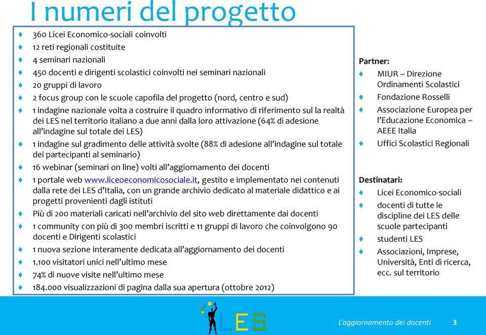 anni dalla loro attivazione (64% di adesione all indagine sul totale dei LES) 1 indagine sul gradimento delle attività svolte (88% di adesione all indagine sul totale dei partecipanti al seminario)