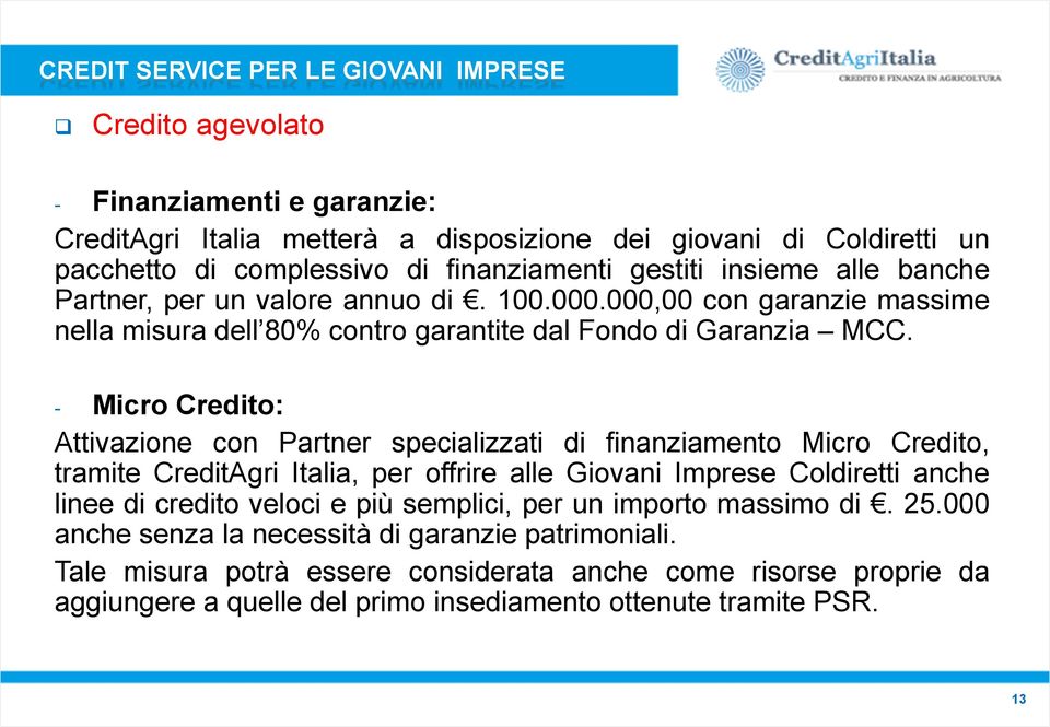 - Micro Credito: Attivazione con Partner specializzati di finanziamento Micro Credito, tramite CreditAgri Italia, per offrire alle Giovani Imprese Coldiretti anche linee di credito