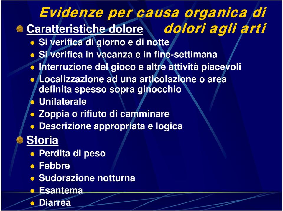 Localizzazione ad una articolazione o area definita spesso sopra ginocchio Unilaterale Zoppia o rifiuto