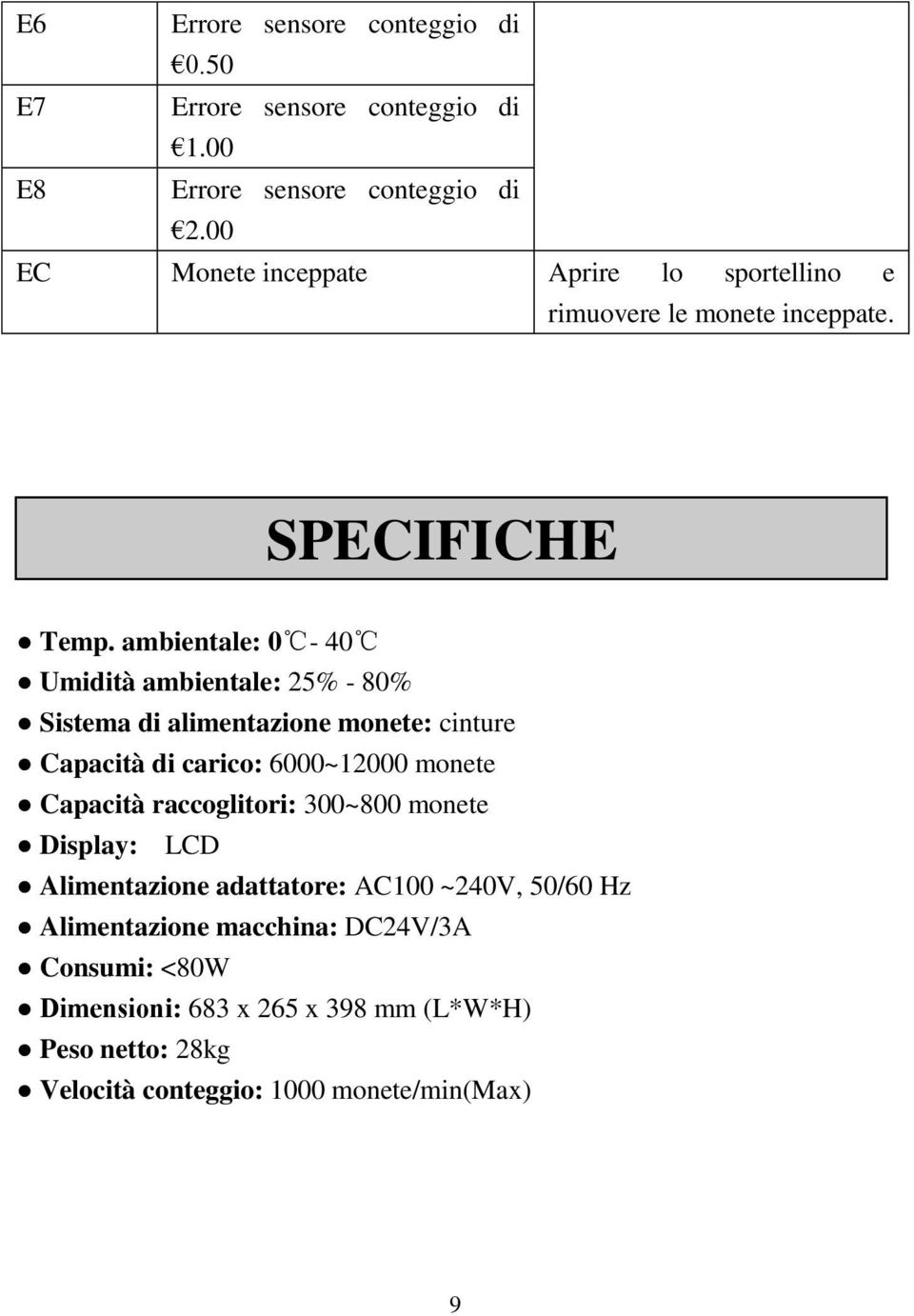 ambientale: 0-40 Umidità ambientale: 25% - 80% Sistema di alimentazione monete: cinture Capacità di carico: 6000~12000 monete Capacità