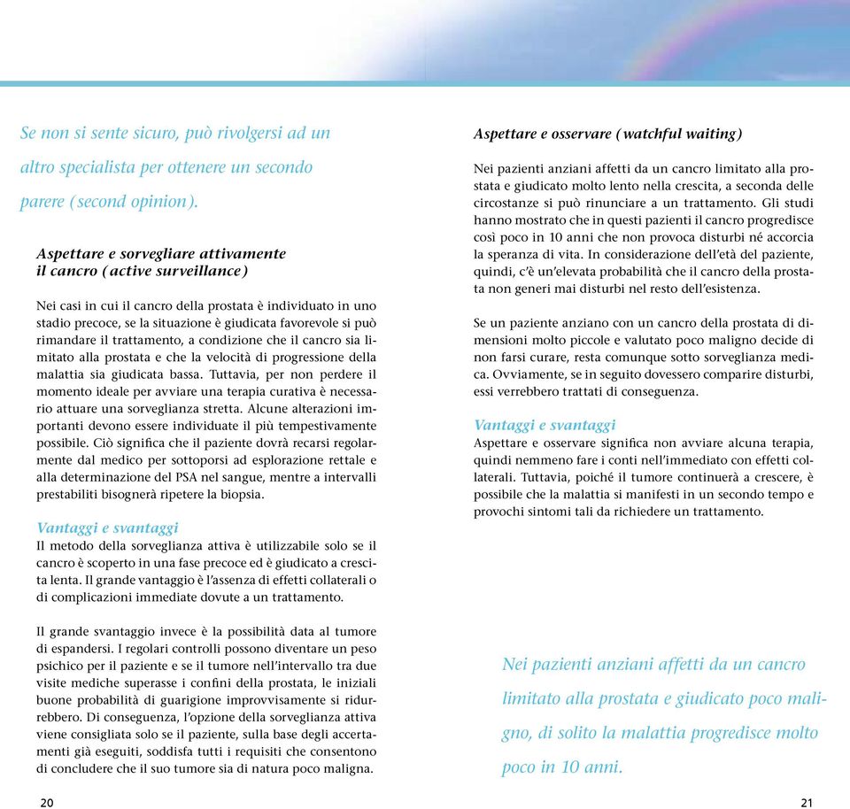 rimandare il trattamento, a condizione che il cancro sia limitato alla prostata e che la velocità di progressione della malattia sia giudicata bassa.