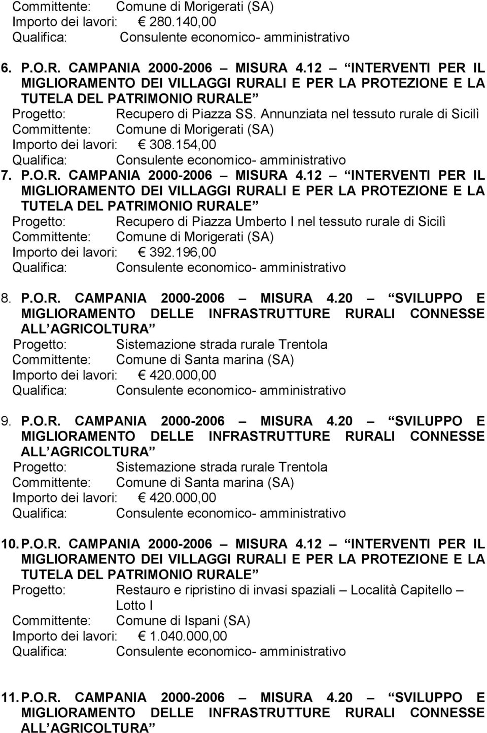 12 INTERVENTI PER IL Progetto: Recupero di Piazza Umberto I nel tessuto rurale di Sicilì Committente: Comune di Morigerati (SA) Importo dei lavori: 392.196,00 8. P.O.R. CAMPANIA 2000-2006 MISURA 4.