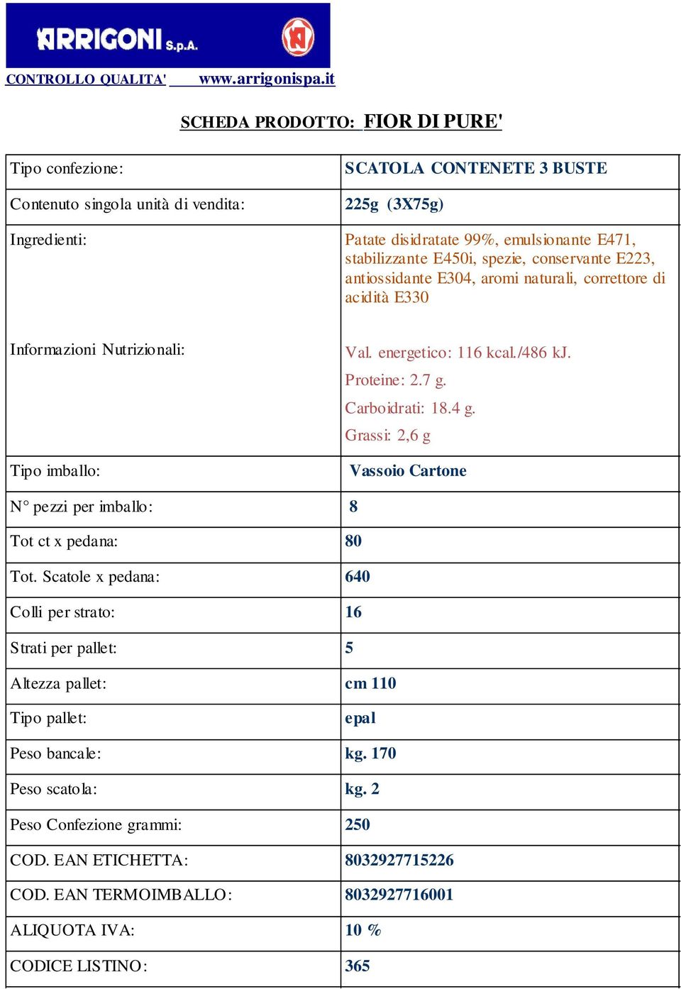 Grassi: 2,6 g Vassoio Cartone N pezzi per imballo: 8 Tot ct x pedana: 80 Tot.