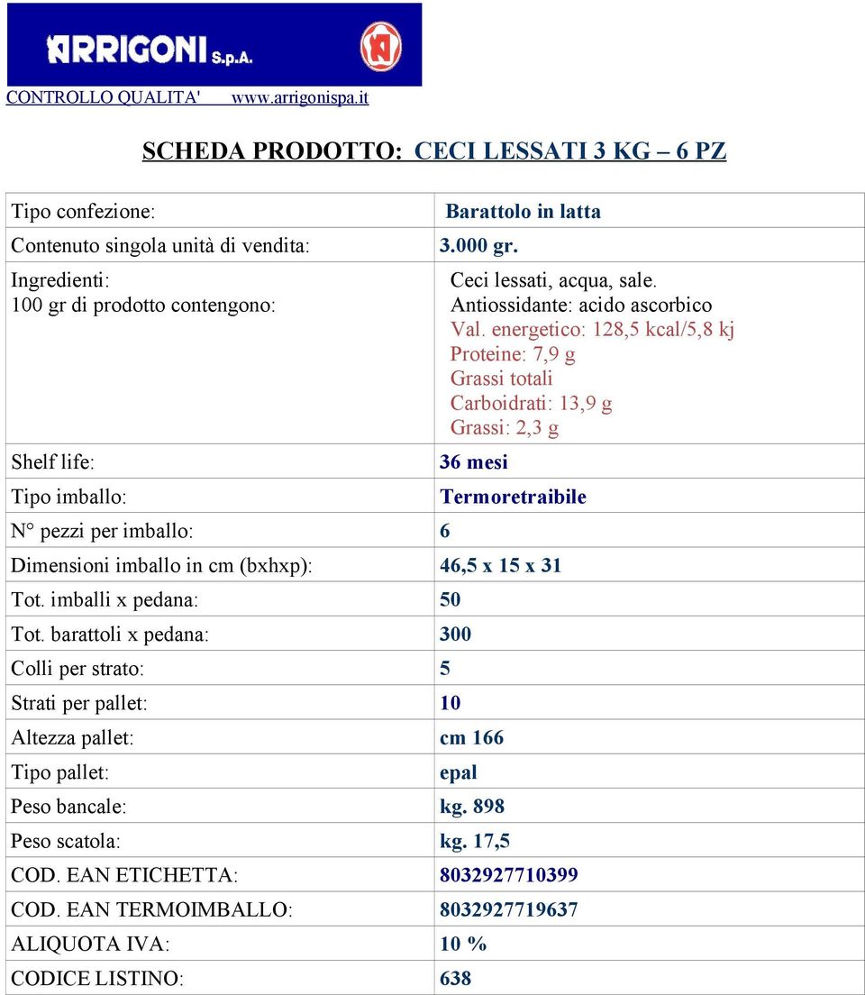 energetico: 128,5 kcal/5,8 kj Proteine: 7,9 g Grassi totali Carboidrati: 13,9 g Grassi: 2,3 g 36 mesi Termoretraibile Dimensioni imballo in cm (bxhxp): 46,5