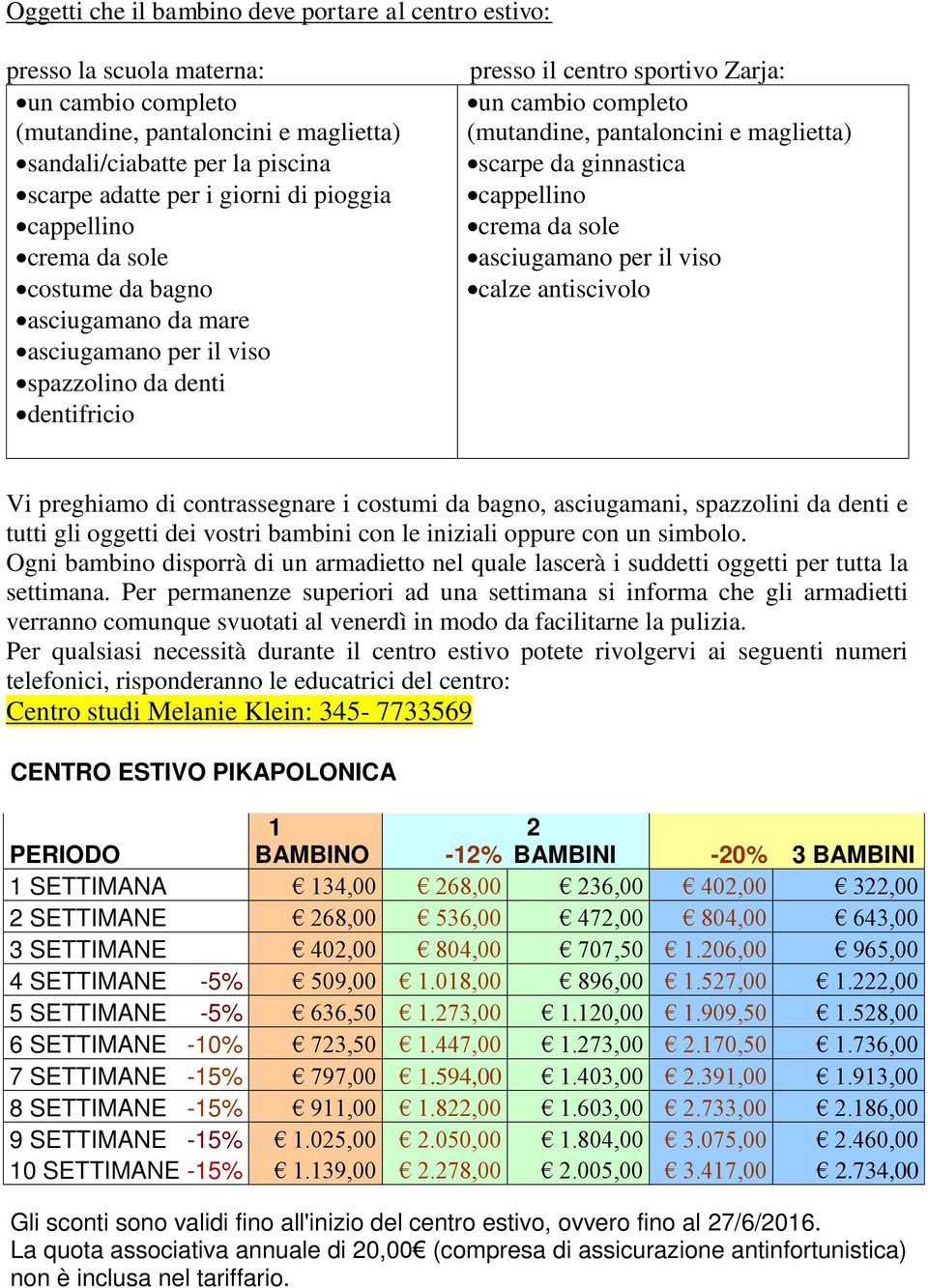 pantaloncini e maglietta) scarpe da ginnastica cappellino crema da sole asciugamano per il viso calze antiscivolo Vi preghiamo di contrassegnare i costumi da bagno, asciugamani, spazzolini da denti e