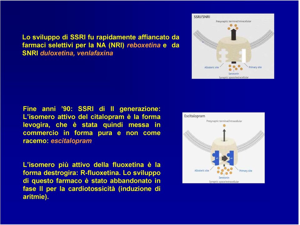 messa in commercio in forma pura e non come racemo: escitalopram L isomero più attivo della fluoxetina è la forma